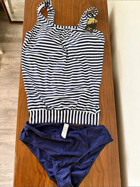 Bikinx Striped Blouson Tankini Swim Top and Bottom Blue & White Large